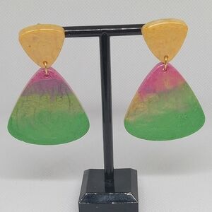 Hand Crafted Pink and Green Artistic Earrings